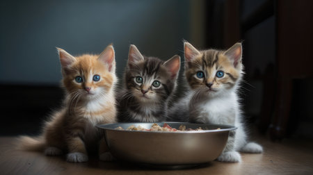 A group of cute kittens sit next to the bowl with cat food. National Siblings dayの素材