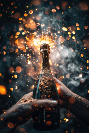A hand with a glowing sparkler surrounded by vibrant bokeh lights, emphasizing a festive and warm holiday atmosphereの素材