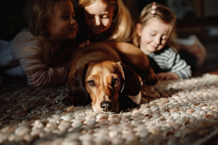 Close-up of a puppy and kitten lying on a soft rug illuminated by warm evening lightの素材