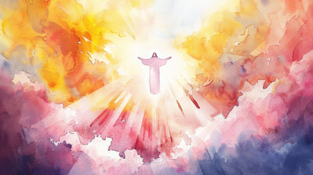 A dynamic abstract of two figures soaring through vibrant clouds of orange, pink, and blue, symbolizing freedom and serenityの素材