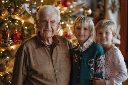 An older couple smiling in front of a decorated Christmas tree with warm festive lightsの素材
