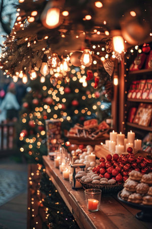 Illuminated festive market scene with sparkling lights, Christmas tree, and cheerful crowds enjoying the holiday spirit.の素材