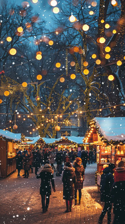 Festive night market with twinkling lights, Christmas trees, and cheerful winter crowds celebrating the season.の素材