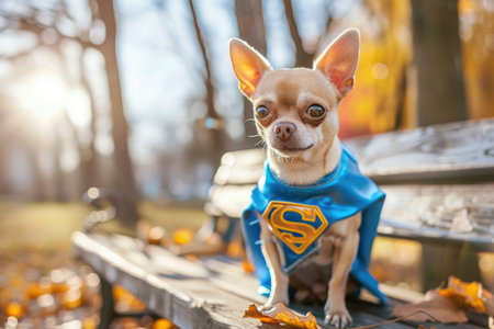 Charming corgi puppy dressed as a superhero, sitting proudly on a park bench with a warm autumn settingの素材