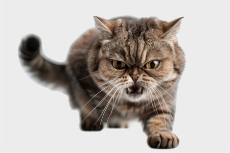 Tabby cat confidently leaping forward on a clean white background, its motion dynamic and energeticの素材