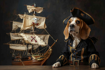 A cute cat dressed as a pirate standing next to a miniature sailing ship under dramatic lightingの素材