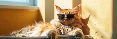 Cool ginger cat relaxing in the sunlight wearing stylish sunglasses, with soft fur glowing under the warm natural light indoorsの素材