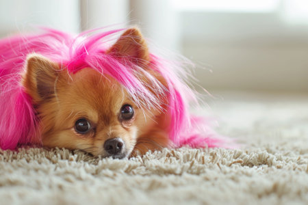 A fluffy orange cat with a large pink bow lies on the carpet, staring curiously aheadの素材