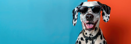 Dalmatian dog sitting near a turquoise background, playful and cheerful moodの素材