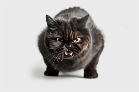 Fluffy black cat gazing intently with glowing yellow eyes, crouched in motion on a white studio backdrop with soft light emphasizing the fur textureの素材