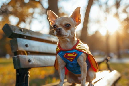 Cute corgi puppy sitting in a superhero costume on a park bench, surrounded by golden autumn leavesの素材