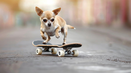 A close-up of a small dog riding a skateboard on a concrete street, looking curious and focusedの素材