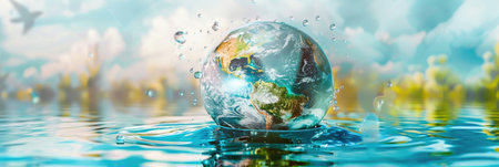An elegant globe made of water with a rainbow. World Water Day and Earth. bannerの素材