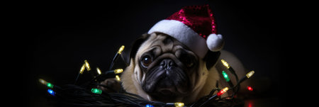 Pug wearing Santa hat with Christmas lights on a black backgroundの素材