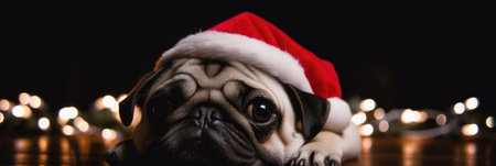 Pug dog in a Santa hat, dark background with bokeh lights, festive holiday vibe, cute and cozyの素材