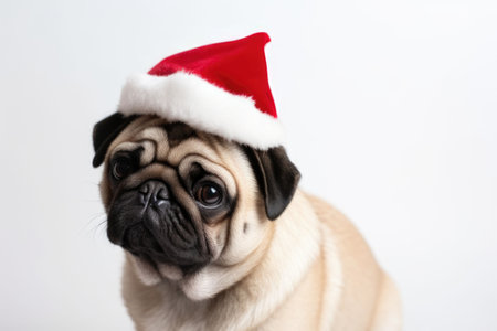 Pug in a Santa hat looking sideways with a white backgroundの素材