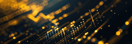 Golden light beams and glowing particles create a mesmerizing display of futuristic energy, blending technology and elegance.の素材