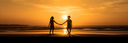 Silhouette of two children holding hands on the beach at sunset, during the golden hour light. National Siblings day. bannerの素材