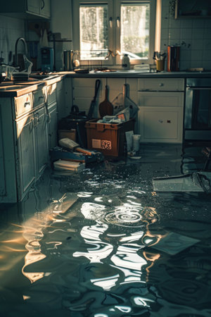 Dark, abandoned flooded room with reflections of broken windows, scattered debris, and eerie lighting creating a haunting, atmospheric sceneの素材