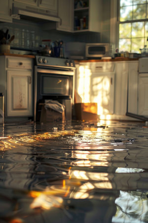 Sunlit industrial kitchen interior with rustic elements, warm highlights on wooden and metal surfaces, and reflections on the wet floorの素材