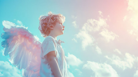 A young figure with angelic wings standing amidst pastel-colored clouds, radiating soft blue and pink lightの素材