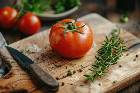 Close-up of two ripe red tomatoes placed on a rustic wooden cutting board with green herbs and natural light, emphasizing freshness and organic beautyの素材