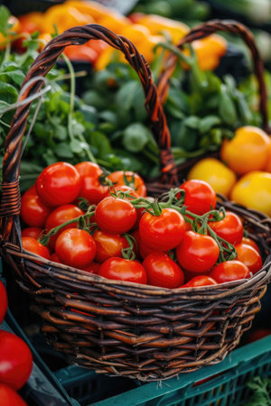A colorful assortment of tomatoes and vegetables in a wicker basket placed on a wooden surface outdoorsの素材