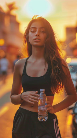 Athletic woman enjoying the evening outdoors with a water bottle in her handの素材