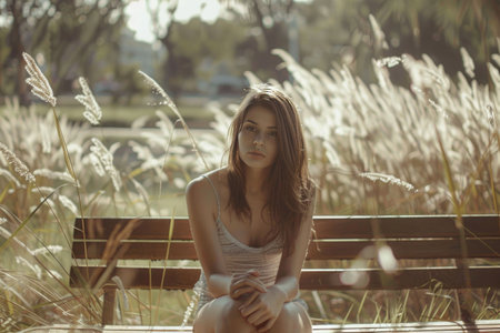Smiling woman sitting in a field of golden grass during sunsetの素材