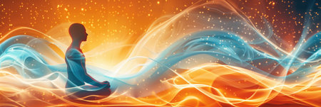 Meditative figure surrounded by vibrant flowing orange and blue energy, symbolizing creativity and cosmic harmonyの素材