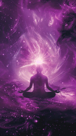 Vertical view of a meditator engulfed in swirling purple cosmic clouds, representing spirituality and wonderの素材