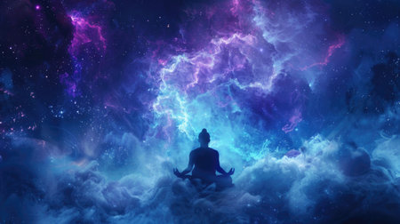 A serene figure meditating in deep space surrounded by glowing purple and blue nebula cloudsの素材