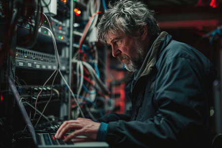 Middle-aged man inspecting server racks in a dark, neon-lit data center with a focused expressionの素材