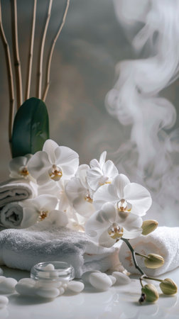Close-up of white orchid flowers in a soft misty environment with elegant minimalistic decorの素材