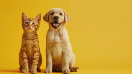 A puppy and kitten sitting together on a yellow background looking adorableの素材