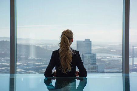 Businesswoman with blonde hair looks out of a large glass window overlooking a modern cityscape under soft daylight, creating a mood of ambition and contemplation.の素材