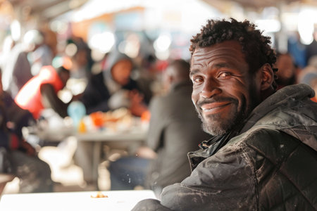 Close-up of a thoughtful individual in a busy cafeteria surrounded by people and lively conversationsの素材