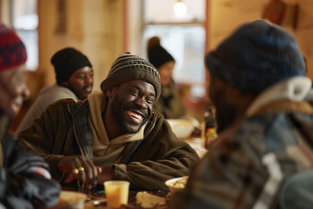 Crowded cafeteria filled with people of diverse backgrounds, sharing meals and conversations in a warm and lively atmosphereの素材