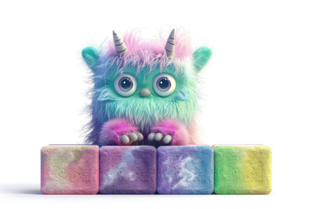 A pastel-colored fluffy monster sitting on colorful blocks in a bright, minimalistic spaceの素材