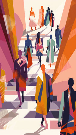 Abstract urban street with figures walking through vivid orange patternsの素材