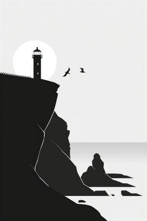 Black and white cliffside with distant lighthouse and flying birdsの素材