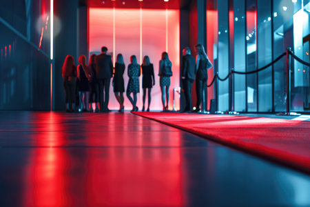 Red carpet leading towards a glamorous event with blurred silhouettes of people in the background under vibrant lightingの素材
