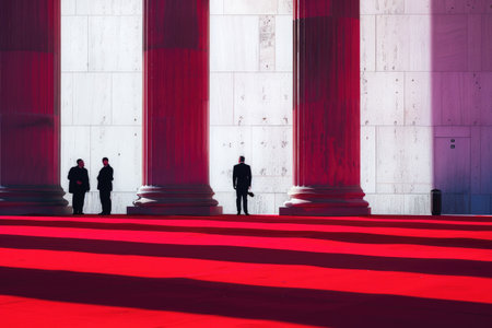 Symmetrical architecture with towering columns and a red carpet, featuring silhouettes of people in a formal settingの素材