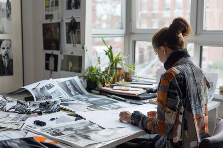 Young fashion designer working with sketches and fabrics in a bright studioの素材