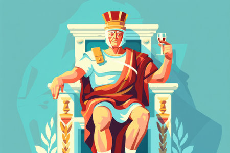 King in a red robe and crown sitting on a golden throne against turquoise backdropの素材