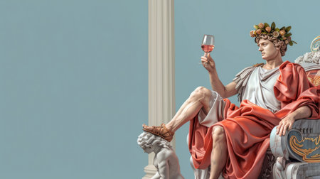 Roman king in red robe raising hand while seated on throneの素材