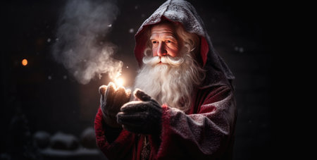 Santa reading magic book surrounded by glowing particlesの素材