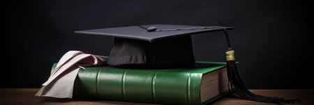 Stacked green books with graduation cap and dark moody lightingの素材