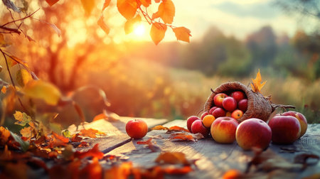 Vibrant autumn harvest scene with pumpkins and fruits in warm golden sunlightの素材