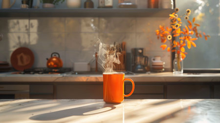 Sunlit autumn leaves in a vase on a wooden table inside a bright, cozy roomの素材